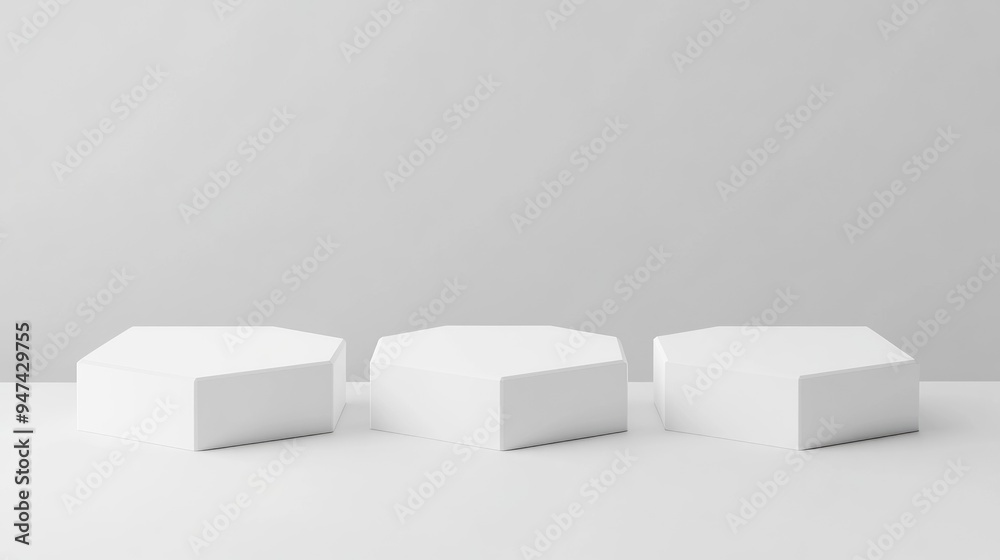 Aufkleber three blank white hexagon pedestals with a white background 3d illustration for product presentation