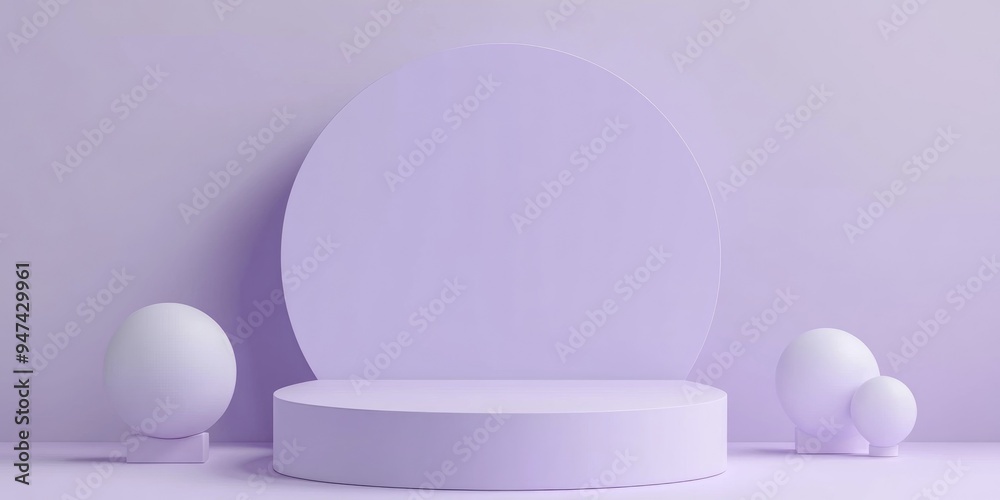 Poster geometric shapes on a white podium with a purple backdrop in a simple 3d render illustration