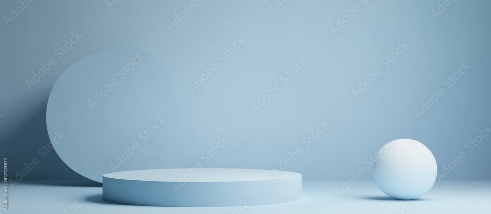 Poster Minimalist blue podium for product display with geometric sphere shapes in the background Empty template featuring cylinder shape Blank stage for mockup presentation 3D rendered illustration