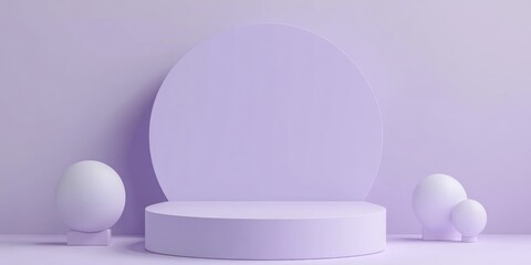 Geometric shapes on a white podium with a purple backdrop in a simple 3D render illustration