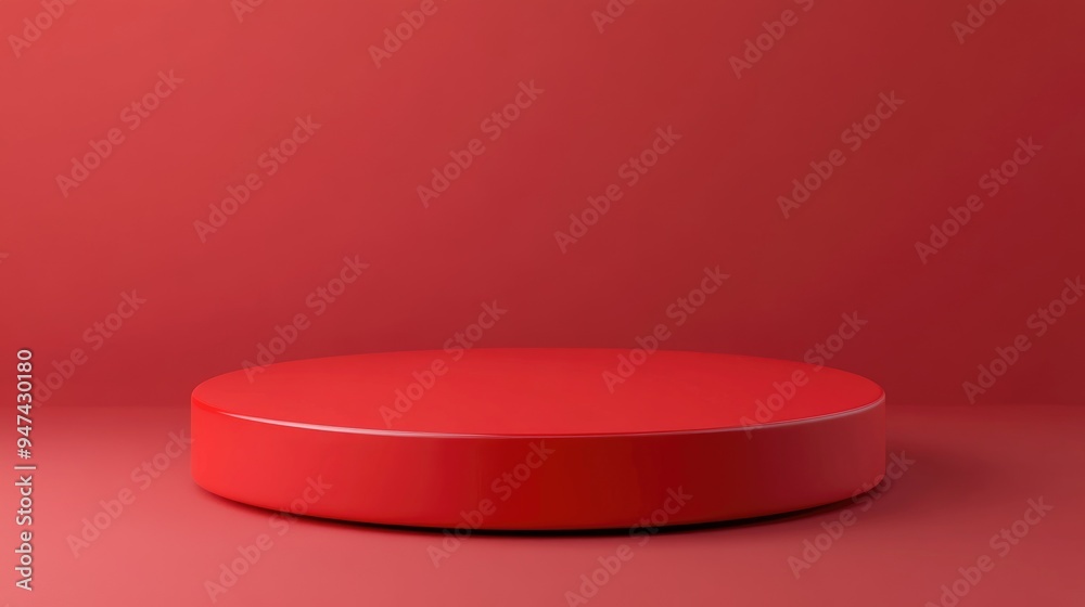 Poster Red pedestal on red background in side view Platform for design display Product promotion stand 3D rendering