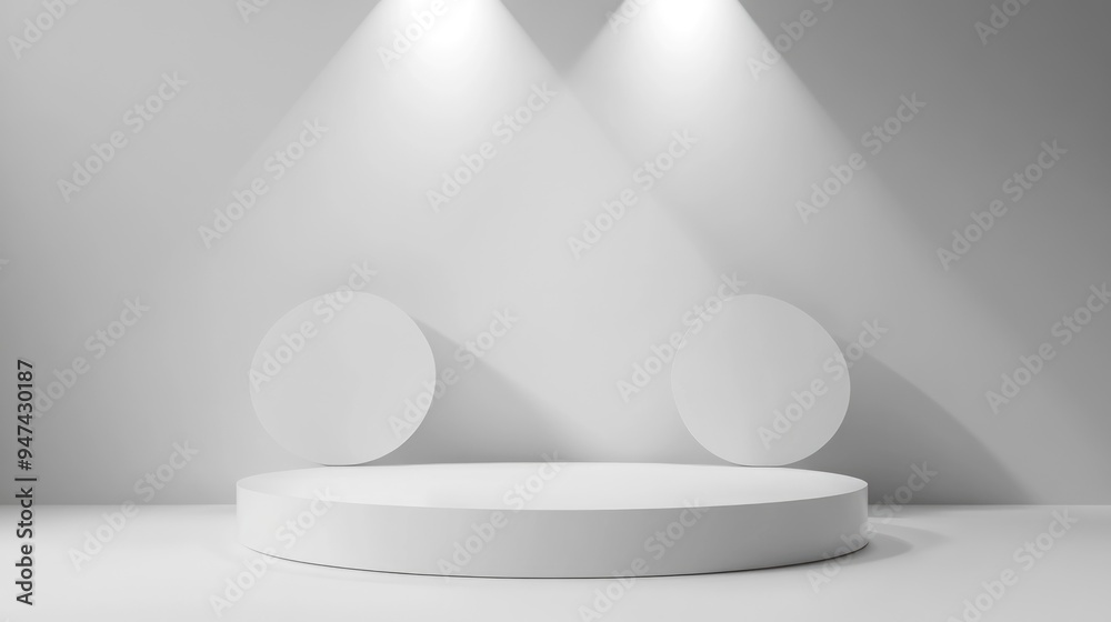 Aufkleber White podium stage backdrop with spotlight on a white background and vignette effect for product display or other design applications featuring 3D rendering and a luxury minimal style concept