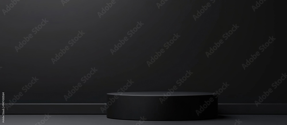 Poster Minimalist modern cylindrical pedestal for product display Stand for product mockup Background template with empty space Dark black color 3D render illustration