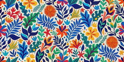 Cutouts of intricately patterned shapes in bold blue, lime green, and sunshine yellow dance across the canvas, merging and separating in a whimsical celebration of color and form.