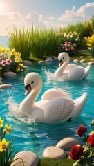 Obraz premium three white ducks swimming in a pond with flowers and flowers.