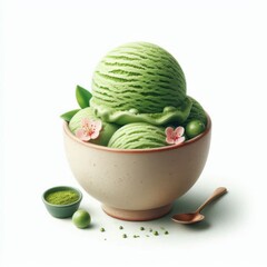 Matcha Green Tea ice cream in a cup with flower decoration