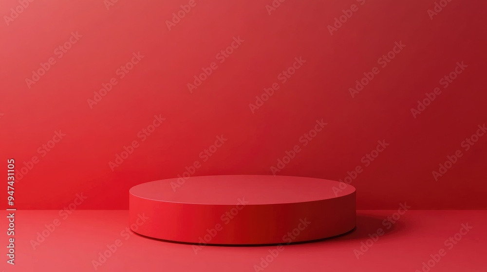 Aufkleber Red pedestal on red background in side view Platform for design display Product promotion stand 3D rendering