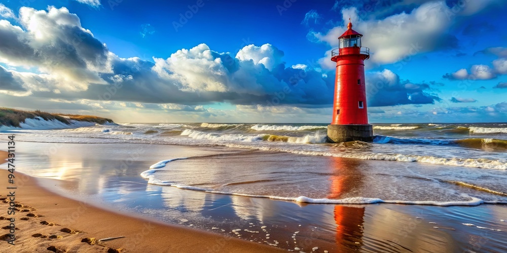 Sticker High tide washing up on a sandy beach near a vibrant red lighthouse, creating a picturesque scene , high tide, beach, sand