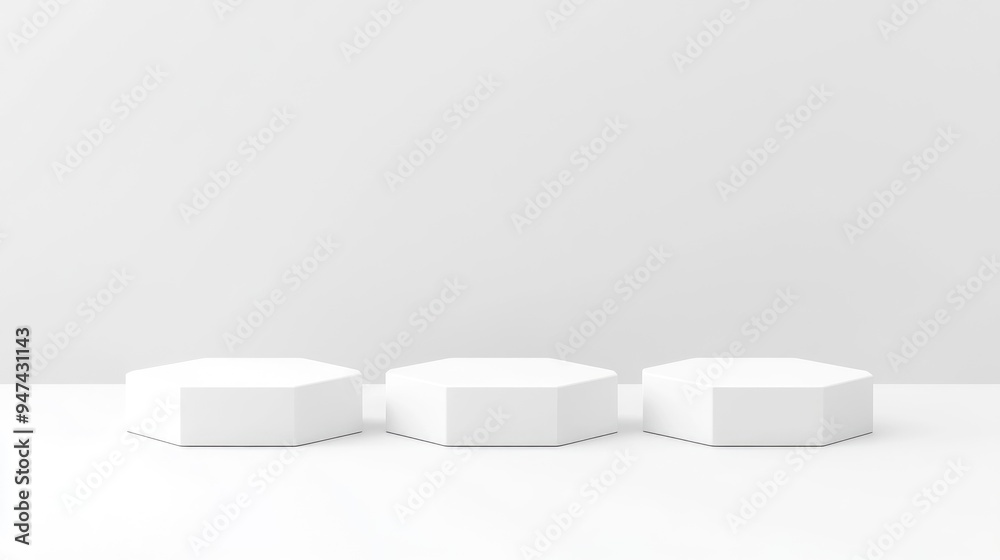 Aufkleber three blank white hexagon pedestals with a white background 3d illustration for product presentation