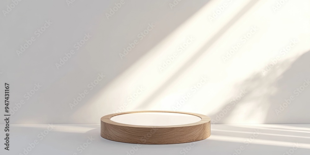 Poster wooden pedestal with a light frame on a white background blank pedestal minimal concept template 3d 