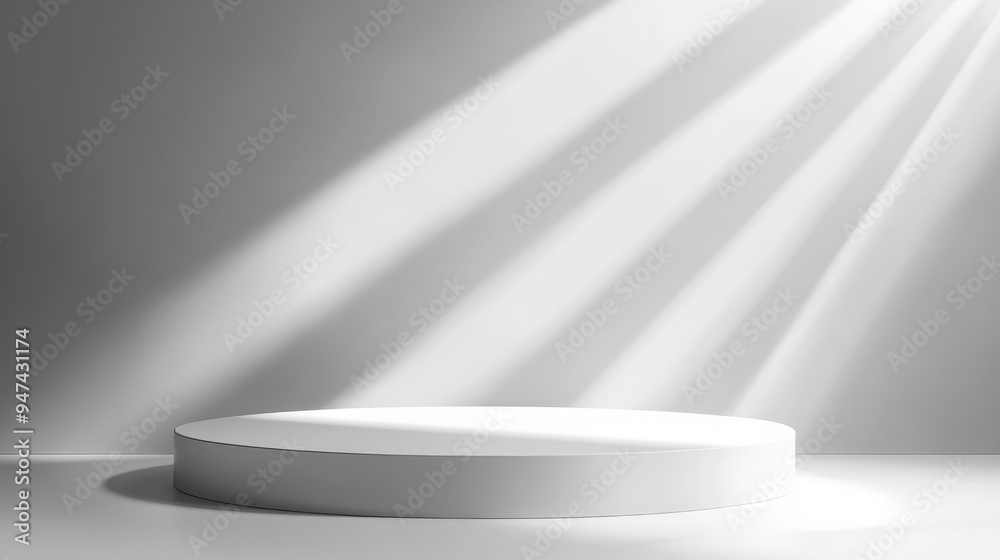 Aufkleber White podium stage backdrop with spotlight on a white background and vignette effect for product display or other design applications featuring 3D rendering and a luxury minimal style concept