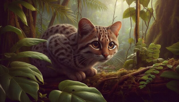 a rusty-spotted cat in a dense, tropical forest setting