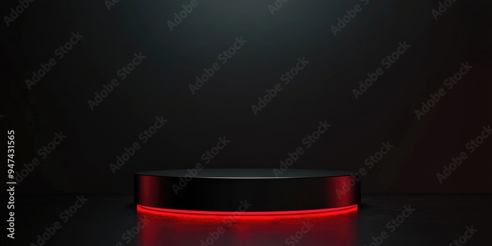 Poster black podium with red light emission against a dark background for advertising display 3d rendering