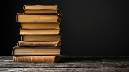 A vertical stack of old, leather-bound books on a dark surface. The photo has a sepia tone, giving it an antique look.