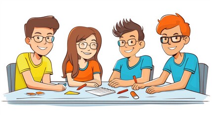 Cartoon vector group training workshop with participants collaborating on exercises