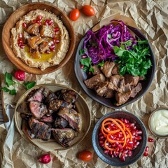 Asian Lunch with Fried Lamb Tongues, Pomegranate Seeds, Pickled Cabbage, Eggplant Hummus