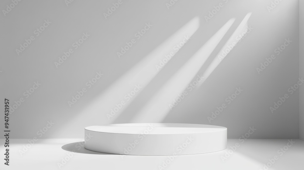 Aufkleber White podium stage backdrop with spotlight on a white background and vignette effect for product display or other design applications featuring 3D rendering and a luxury minimal style concept
