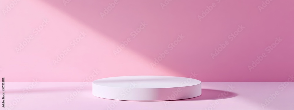Poster round white pedestal for product display mockup against a pink background 3d rendering