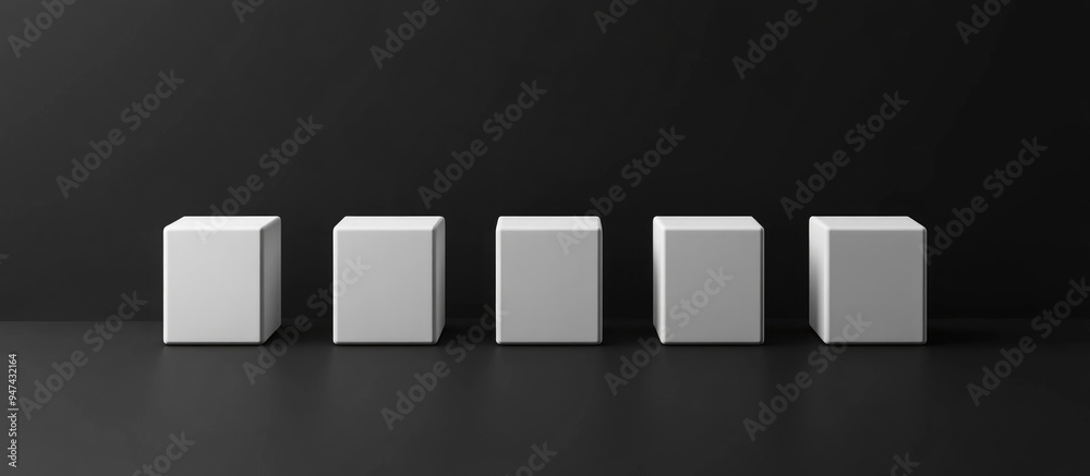 Poster Abstract arrangement of five white cubes within a minimalist black space 3D rendering illustration