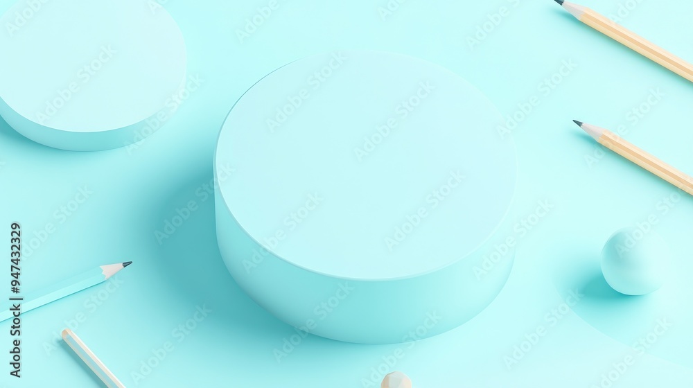 Poster light pastel blue 3d illustration showcasing a back to school product display on a podium viewed fro