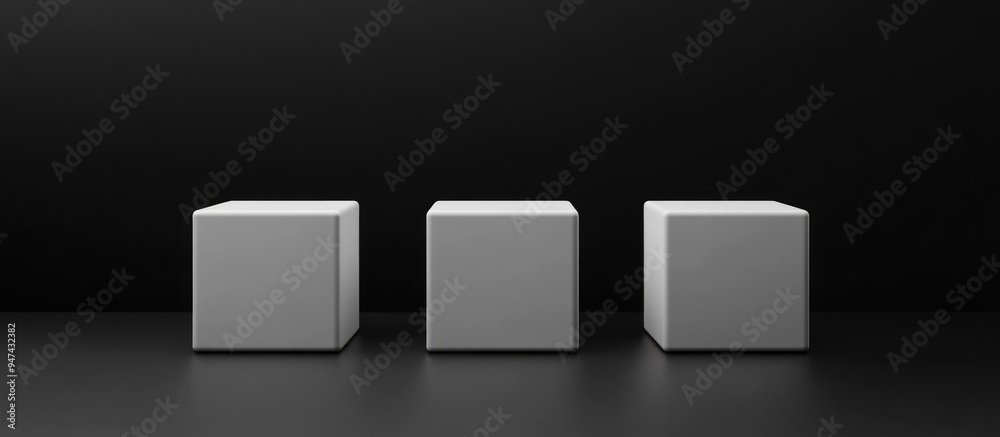 Poster abstract arrangement of five white cubes within a minimalist black space 3d rendering illustration