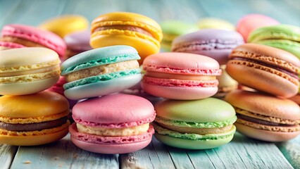 Obraz premium Close up of a variety of colorful macarons with vintage pastel tones, macarons, dessert, close up, colorful, vintage, pastel