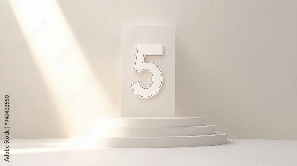 Poster Podium for mockup presentation in white color minimalistic style featuring the number 5 with ample copy space and an abstract 3D render background design