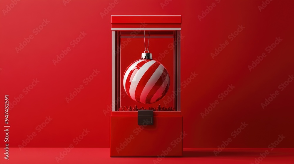 Aufkleber Minimal abstract Christmas design for web banner featuring a red striped bauble captured by a toy claw machine against a red backdrop 3D rendering illustration with clipping path for each element