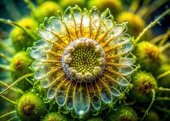 Delicate, translucent petals of the Elodea flower tremble, like tiny mirrors reflecting the matrix of digital circuitry beneath.