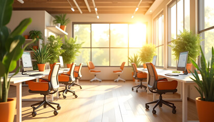 Fototapeta premium Open Workspace with Natural Light and Green Plant Decor