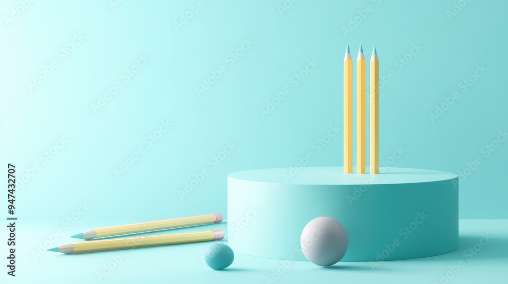 Poster light pastel blue 3d illustration showcasing a back to school product display on a podium viewed fro