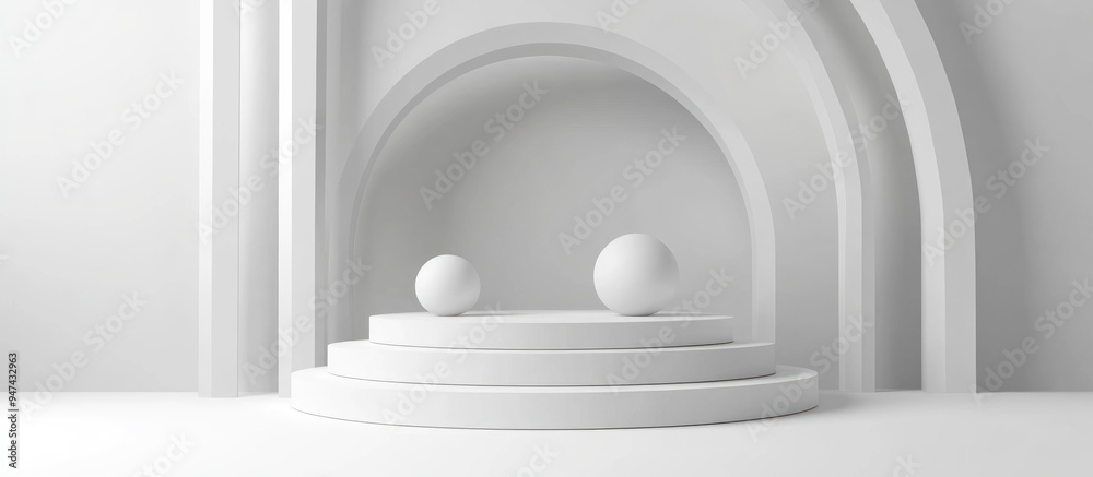 Poster Minimalist white podium setup for mock up presentation with ample copy space featuring a 3D rendered abstract background design