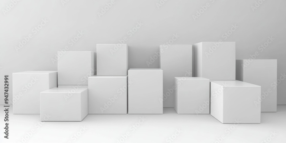 Aufkleber white cube boxes on a white backdrop for presentation 3d rendering