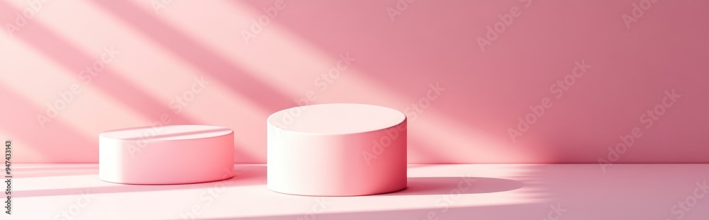 Aufkleber creative mock up featuring geometric podium shapes for product presentation against a pink backdrop 