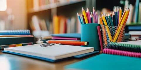 Colorful Pencils and Notebook on Desk with Bookshelf in Background