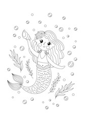Coloring page with a little mermaid. Childrens cute magic character. Vector illustration of fairy tale undersea life