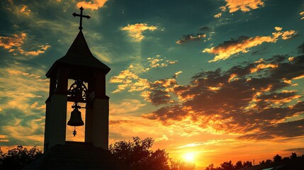 A church bell tower ringing out, set against a sunset sky.