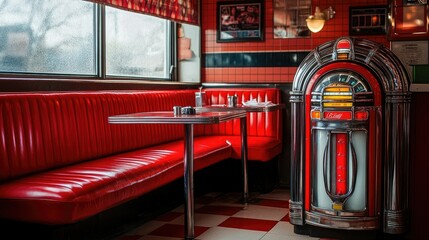 Fototapeta premium A classic diner booth with shiny red vinyl seats and a chrome jukebox, evoking nostalgia and charm.