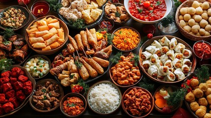 Fototapeta premium A table filled with traditional New Year s foods from around the world, beautifully arranged and lit, vibrant colors, closeup shot, indoor setting, cultural diversity