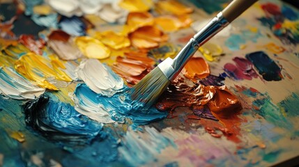 Obraz premium A colorful artist palette with smeared paints, illustrating the process of artistic creation.