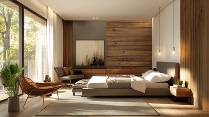 Fototapeta premium A contemporary bedroom blending modern design with rustic wooden touches, highlighted by a captivating artistic wall panel.