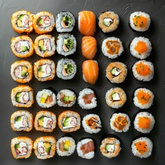 Big sushi set, seafood rolls, asian food collection, assorted rolls and nigiri susi, japanise maki sushi