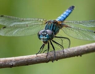 Resting blue dragonfly close up on a blurred background. Ai generated image