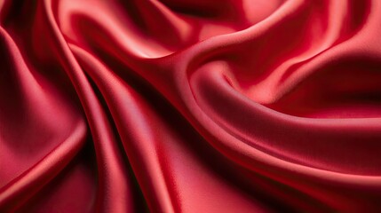 Obraz premium A flat lay of vibrant red satin fabric, with soft folds and a lustrous sheen creating a luxurious effect.