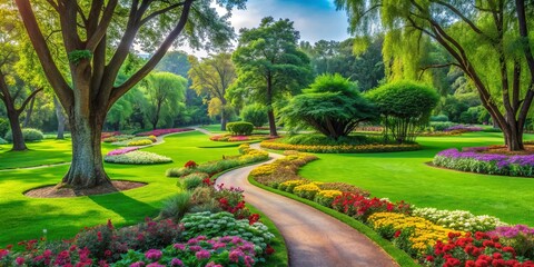 Obraz premium Green park with lush grass, colorful flowers, tall trees, and a winding pathway , nature, outdoor, environment
