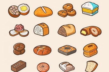 Bread loaves icon, bakery products set, flat minimal pastry collection, baked buns, baguettes symbols