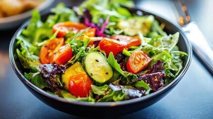 Fresh salad with cherry tomatoes, cucumber, and mixed greens in a black bowl on a table.