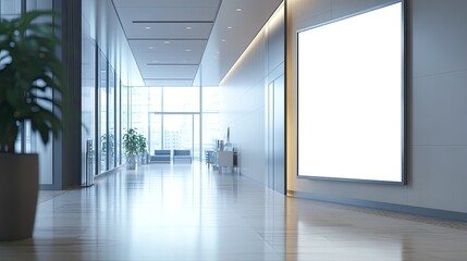 A large blank billboard in a bright hospital lobby, ready for a custom advertisement, with clinical lighting.