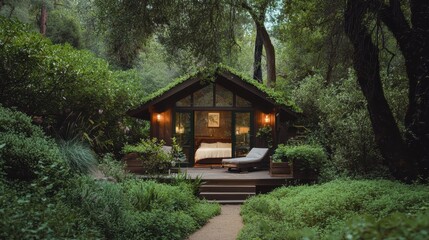 Naklejka premium Secluded Cabin in the Woods with Lush Greenery and Walkway