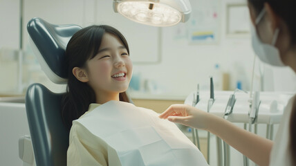 Obraz premium 歯科処置を説明する歯科医と患者